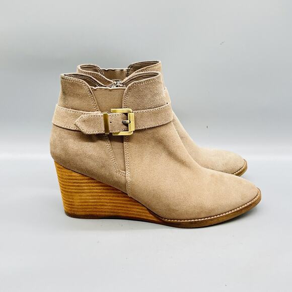 Blondo Shoes - Blondo Boots Womens 9 Beige Suede Waterproof Ankle Wedge Buckle Strap Zip Shoes